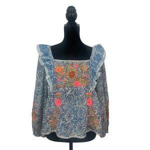 Love The Label 100% Cotton Blue Floral  Neon Embroidered Smocked Ruffle Top M